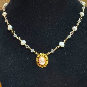 Handmade Wire Wrapped Pearl & Crystal Necklace with Upcycled Cameo